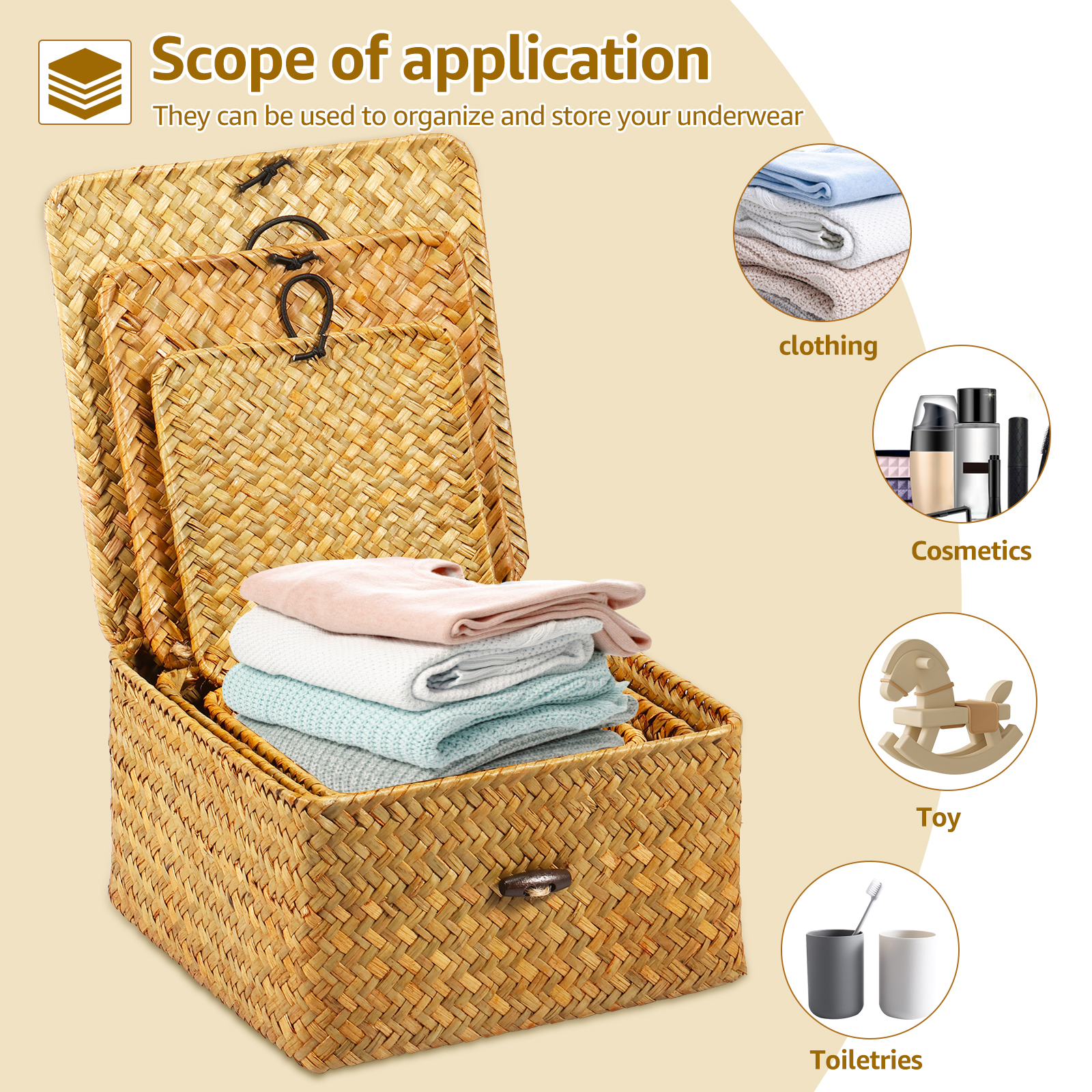 3 stk. vevd oppbevaringskurv med lokk, 3 størrelser stabelbare, håndlagde kurvbeholdere, multifunksjonell oppbevaringsboks for leker, kosmetikkskap