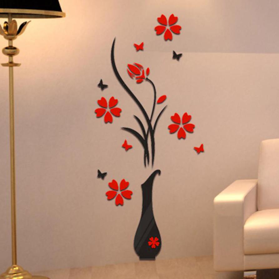 Wall Stickers DIY Vase Flower Tree Crystal Arcylic Sticker 3D Living Room Home Decor Stickers Size 80*40cm