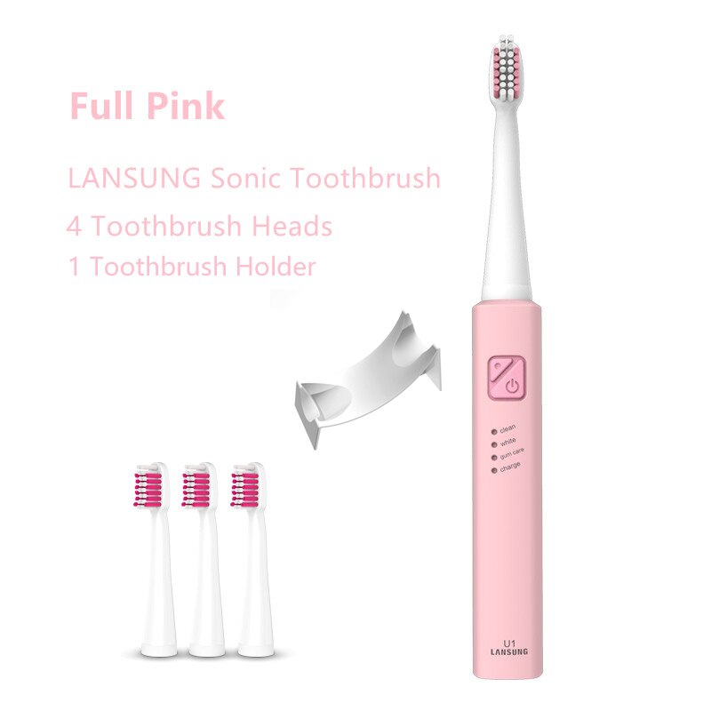LANSUNG brosse à dents électrique sonique Ultra sonique brosses à dents rechargeables USB avec 4 pièces têtes de rechange et 1 porte-brosse à dents: Full Pink