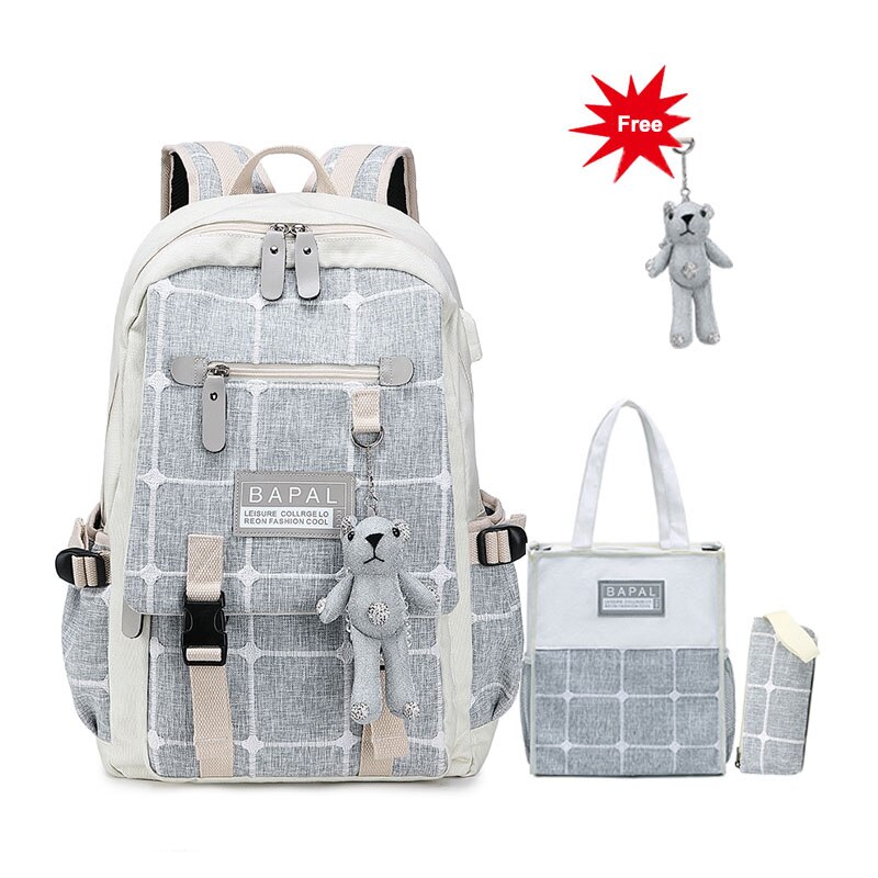 Grote rugzak voor dames van canvas, 15.6 inch, voor de middelbare school, met usb-oplaadpoort, lichtgewicht reistas voor dames: Lichtgrijze set