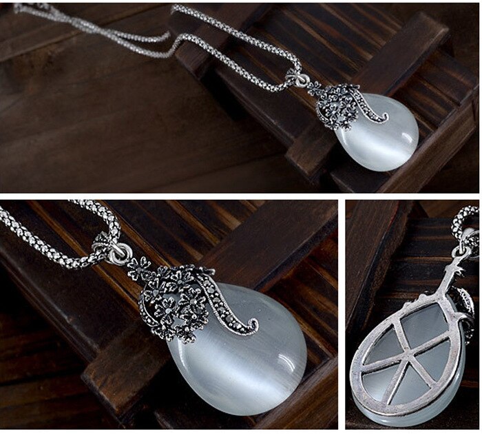 Vintage 925 Sterling Silver Opal Water Pendants Long Snake Necklaces Earrings Women Jewelry Sets