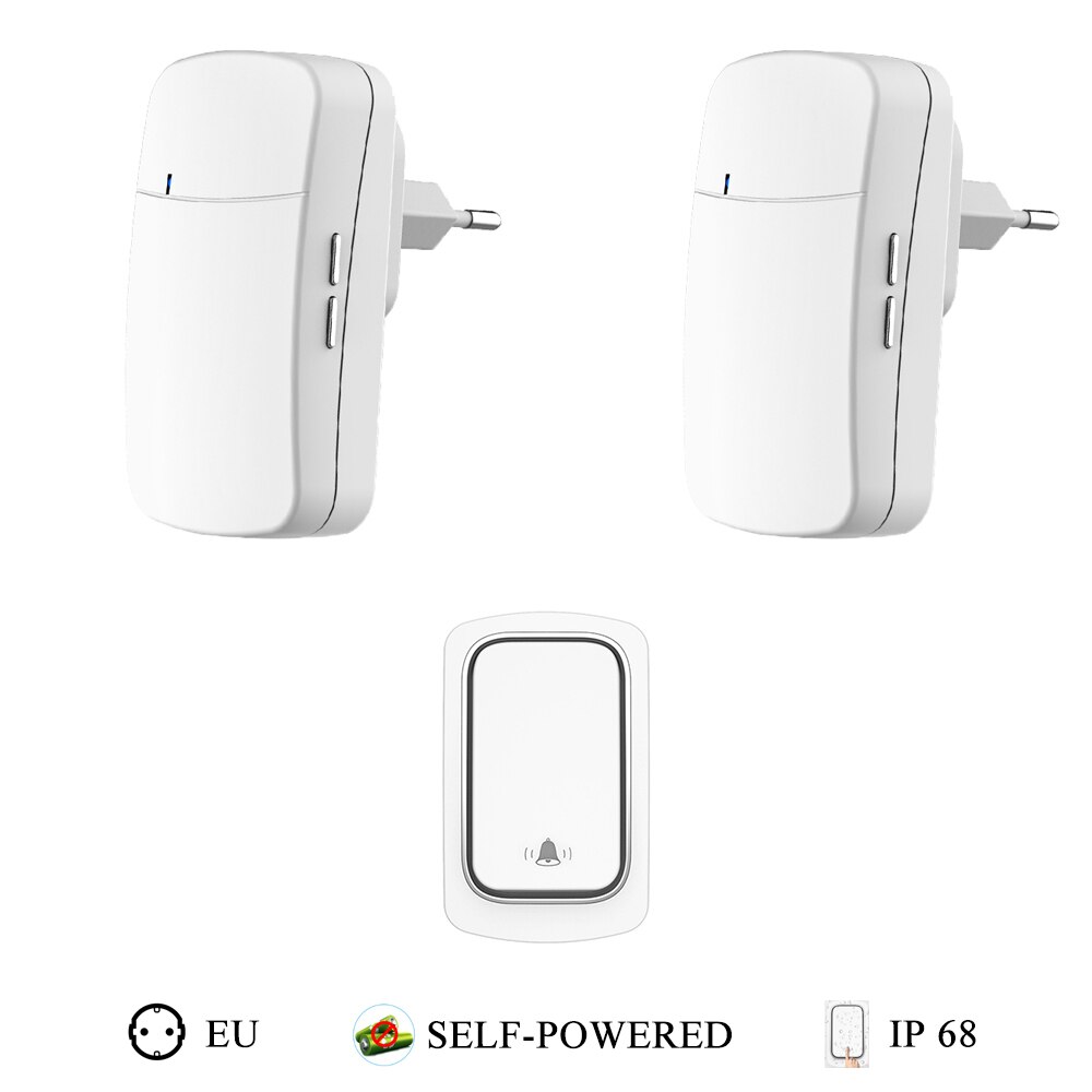 Waterproof Wireless Doorbell Outdoor Remote Doorbell No Battery Kinetic Ring Bell 220V,38 Melody,EU PLUG for Home,Apartment Door: 1R 2s