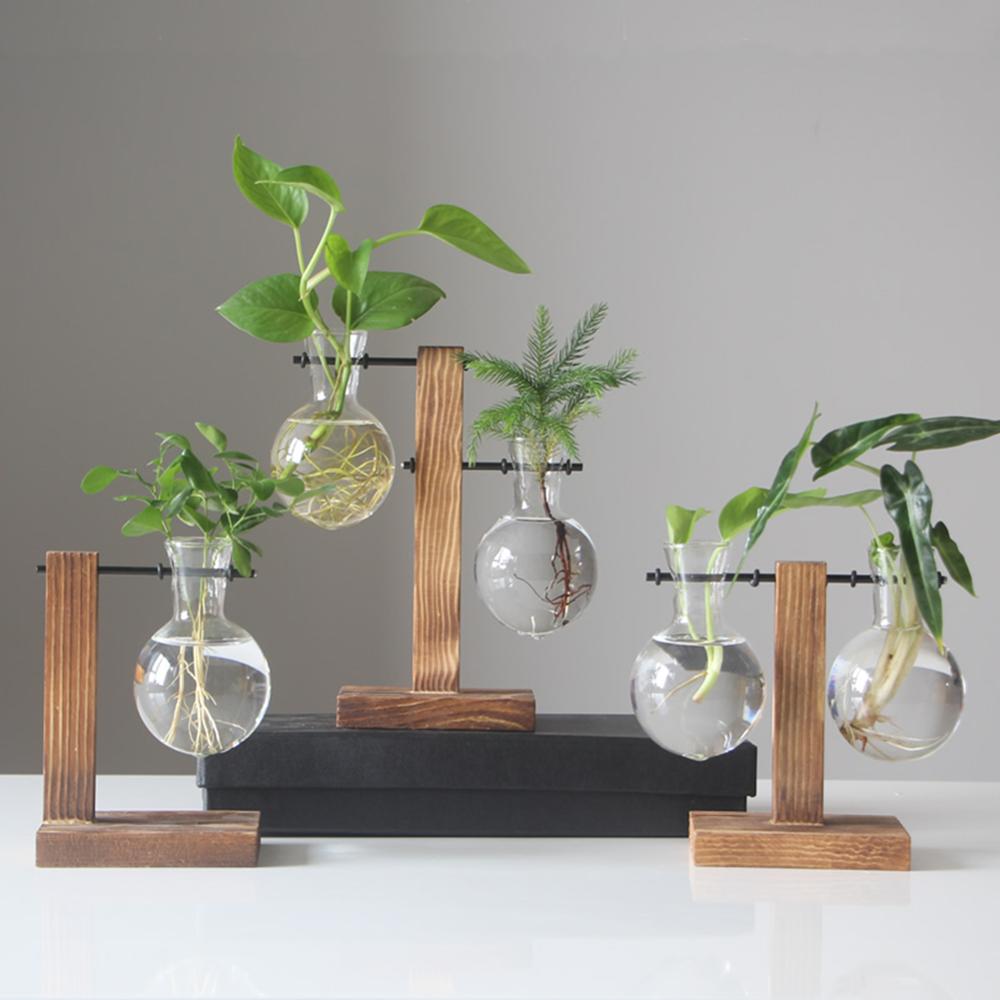 Glas og træ vase plante terrarium bord desktop hydroponics plante bonsai urtepotte hængende potter med træbakke boligindretning