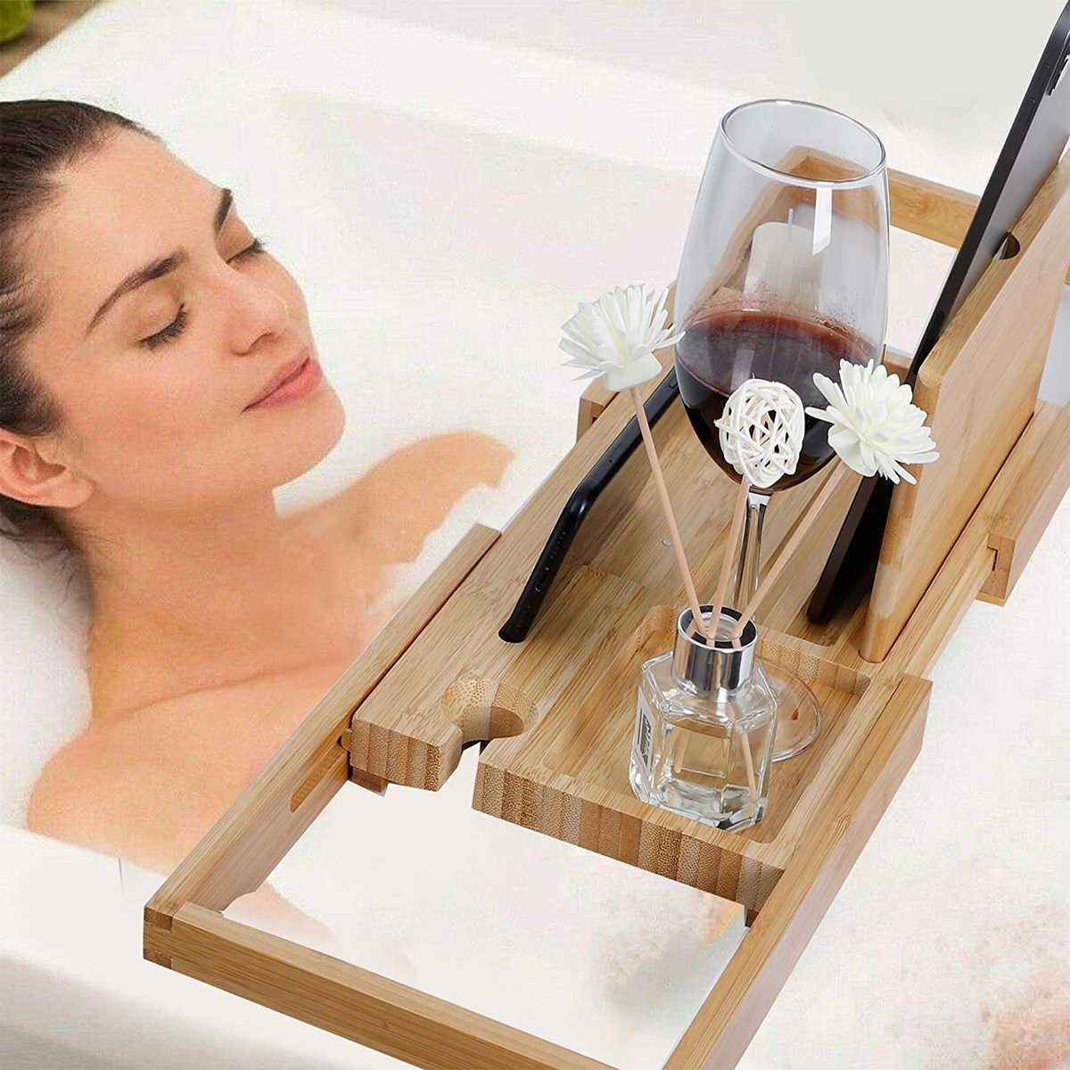 Extendable Bathroom Shelf Bathtub Tray Shower Caddy Bamboo Bath Tub Rack Towel Wine Book Holder Storage Organization Accessories