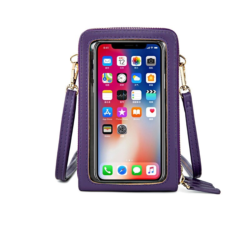 Bolso cruzado de piel sintética con pantalla táctil para mujer, bandolera pequeña de piel sintética suave con gran capacidad: Purple