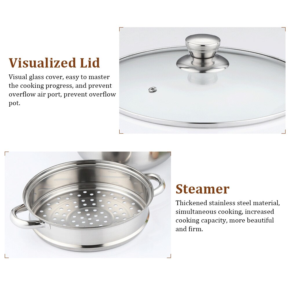 Casserole pour cuiseur vapeur grande taille 28cm, 3 niveaux, facile à nettoyer, couvercle visuel, batterie de cuisine, double usage, acier inoxydable, gain de place à la maison avec poignées