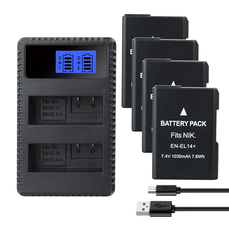 EN EL14 1030mAh Batteries EN-EL14 pour Nikon D5100 D5200 D5500 D5600 D5300 P7200 P7700 P7100 D3100 D3200 D3300 chargeur de batterie: green
