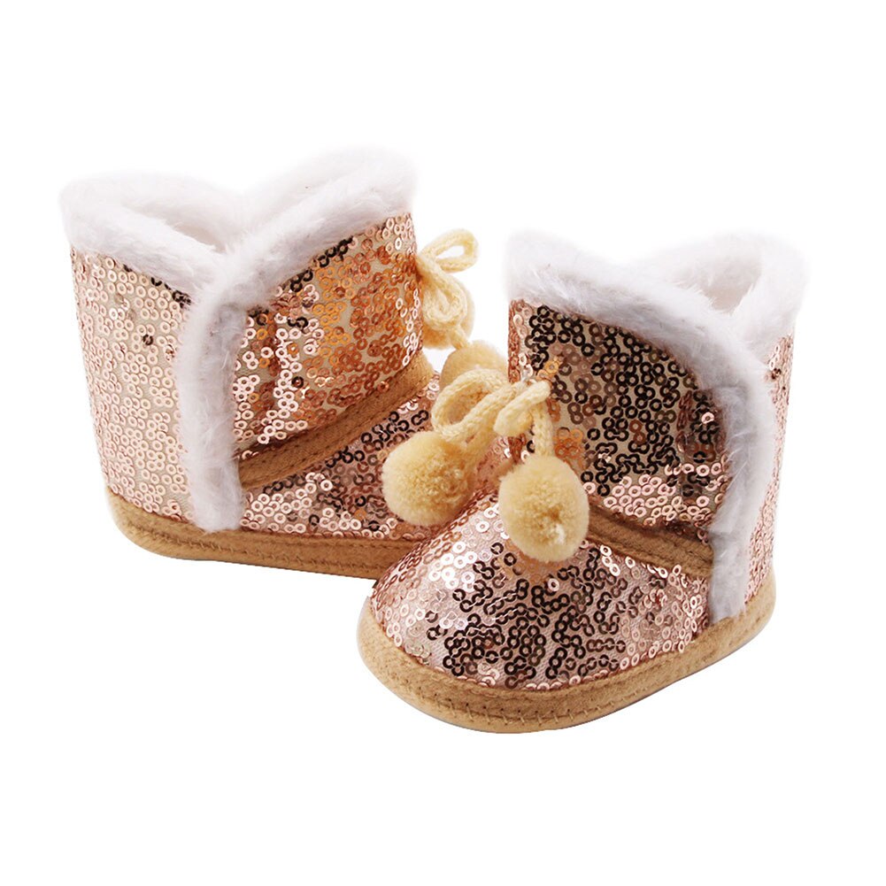 Meninas do bebê Inverno Quente Botas De Neve De Lantejoulas Não-Antiderrapante Macio Sole Sapatos De Pele Forrada botas de Tornozelo com Lace up Pom 0-12Months