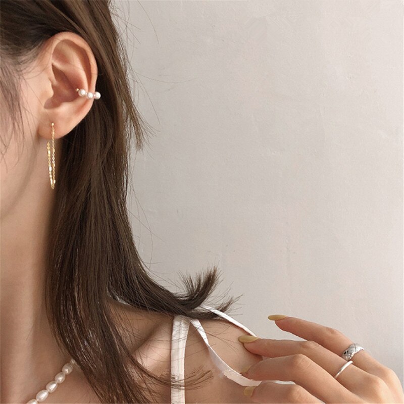 Huanzhi korea retro perlelegering øreklemme lang kvast øre linje metal ingen piercing øreringe til kvinder pige fest smykker
