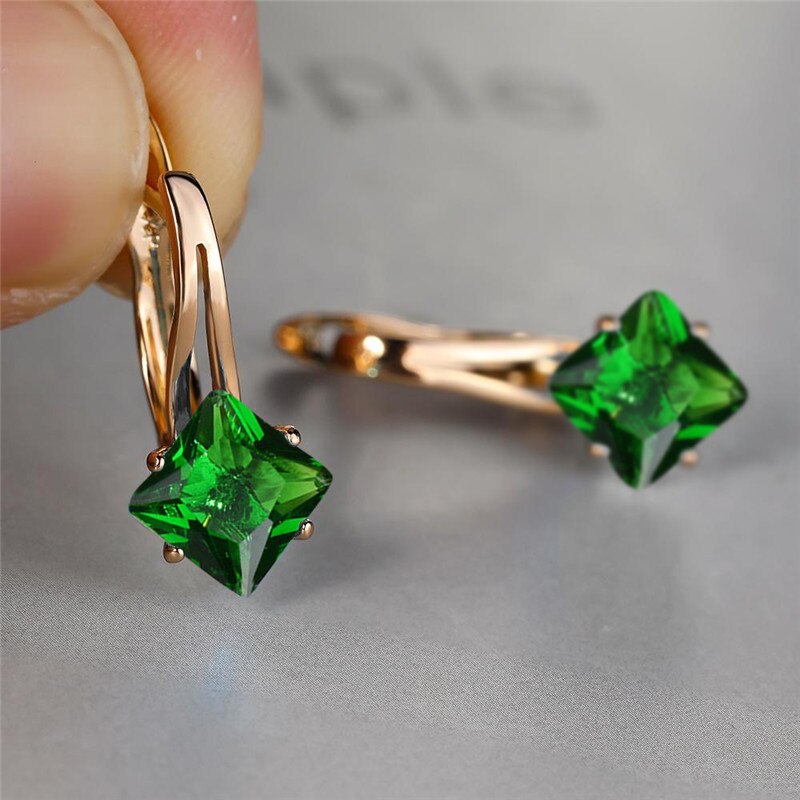 Brincos de casamento de cor de ouro rosa antigo arco-íris zircão quadrado brincos de pedra moda multicolorido cristal hoop brincos para mulher: Green