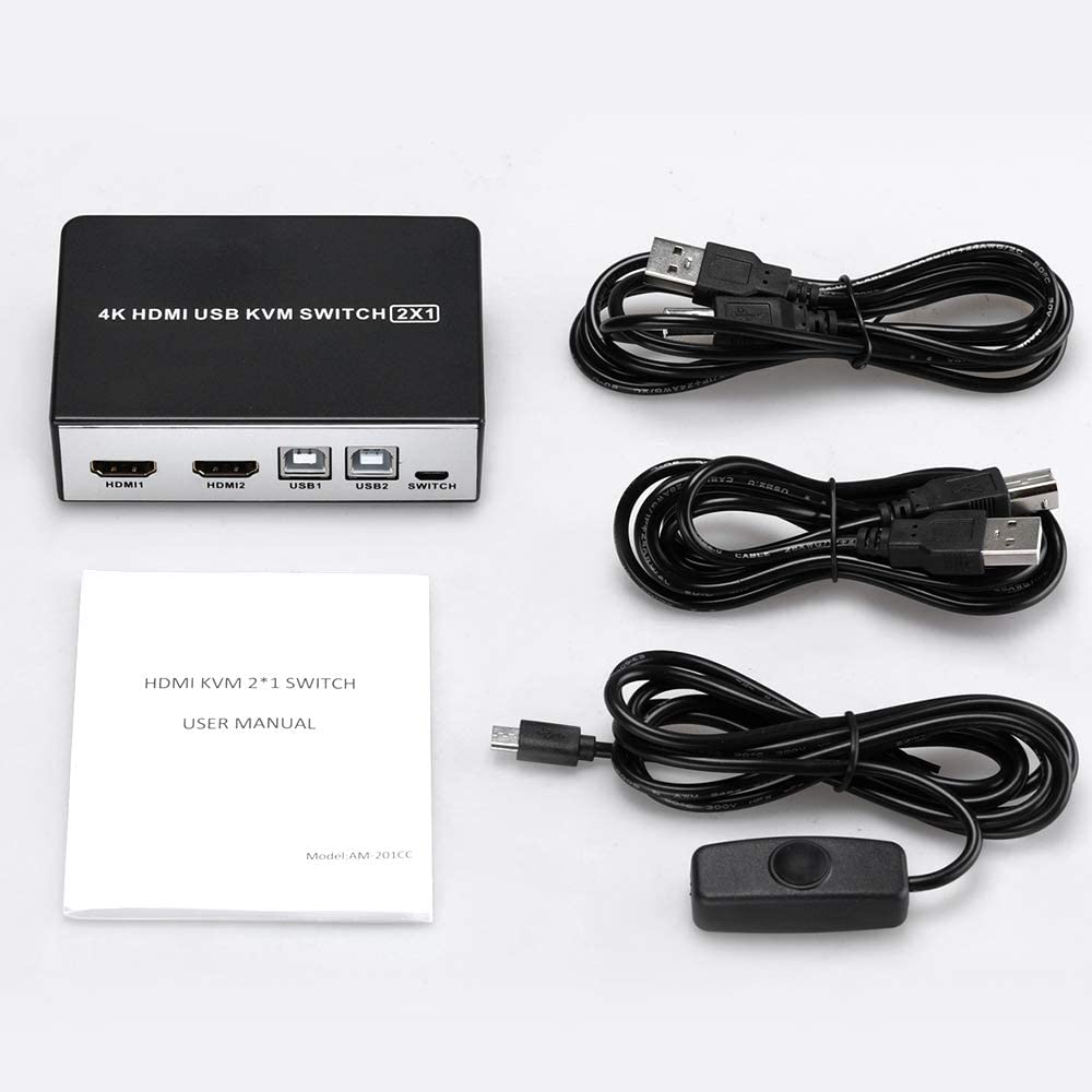 4K HDMI USB KVM Switch 2 Port HDMI KVM Selector for 2 Computer Sharing 1 HD Monitor and 4 USB Devices, Support wireless keyboard