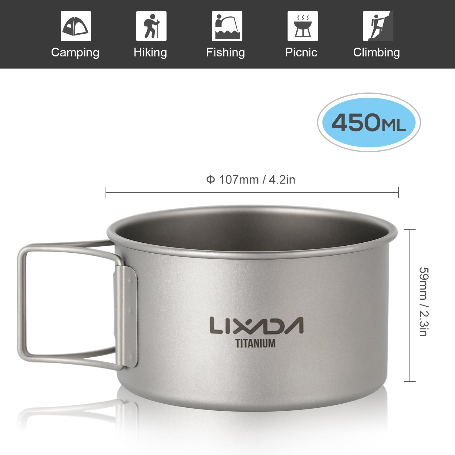 Lixada Titanium Bowl with Folding Handles Titanium Cup Dinner Food Container for Outdoor Camping Hiking Backpacking: 450ML