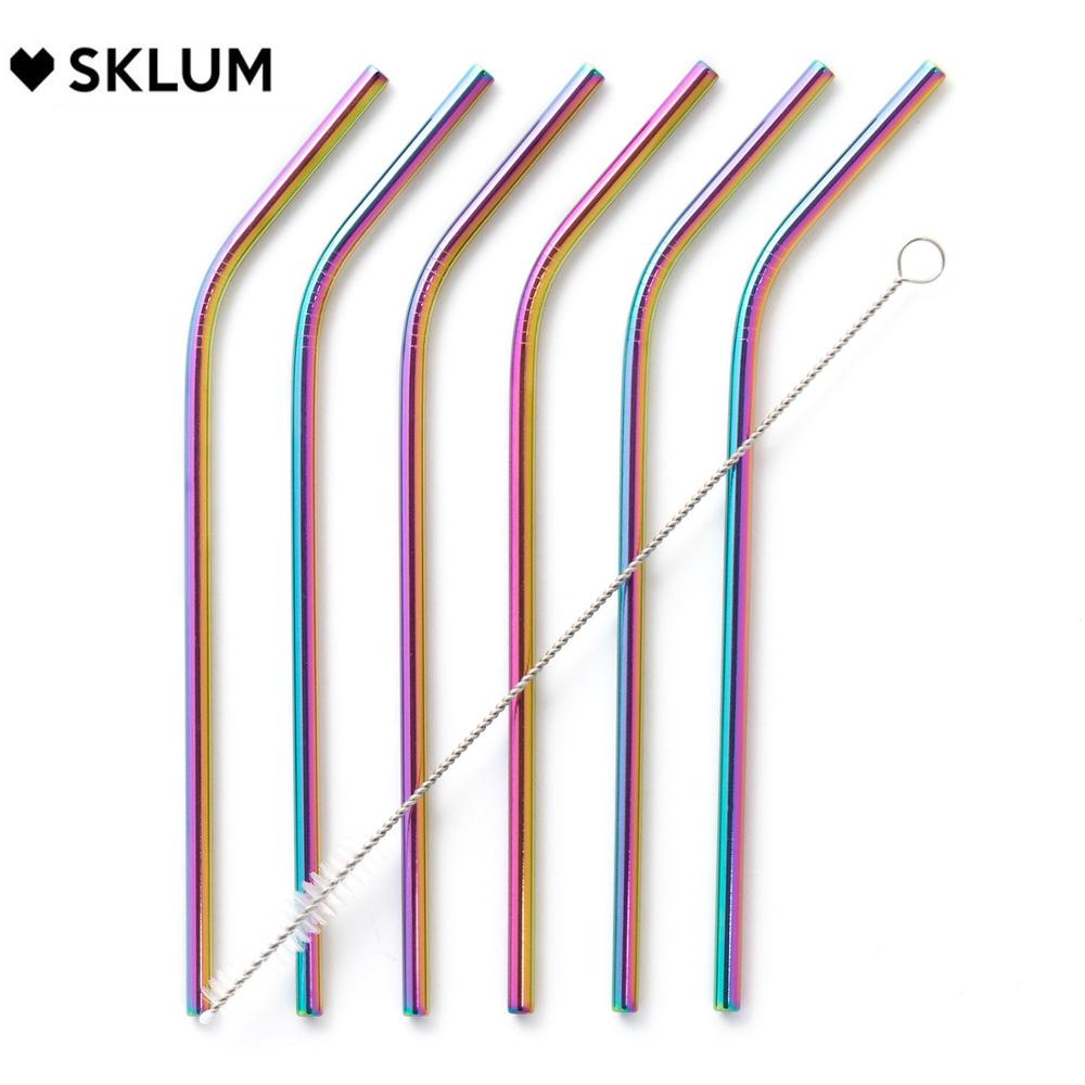 SKLUM- Pack de 6 pajitas Kürv Metalizadas múltiples colores acero inoxidable con acabado brillante reutilizables incluye cepillo de limpieza