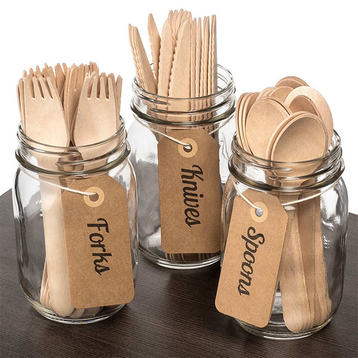 100 Pcs Disposable Wooden Cutlery Biodegradable - Knives Forks Spoons Camping BBQ Party Tableware Kitchen Utensils