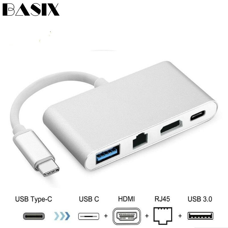 Basix USB C Ethernet USB-C vers HDMI 4 K + Gigabit Ethernet (Port RJ45) + USB 3.0 Type C adaptateur de moyeu séparateur de USB-C pour Macbook