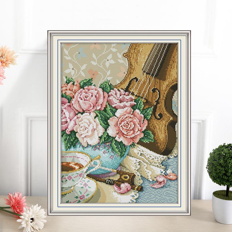 Rose and Violin Cross Stitch Kits DIY Floral Pattern 14CT 11CT Count Canvas Printed Embroidery Set Needlework Sewing Kit Crafts