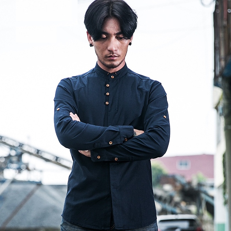 Men's Cotton Linen Shirts Long Sleeve Casual Slim Chinese Mandarin Collar Shirts Men Business Cotton Dress Shirt
