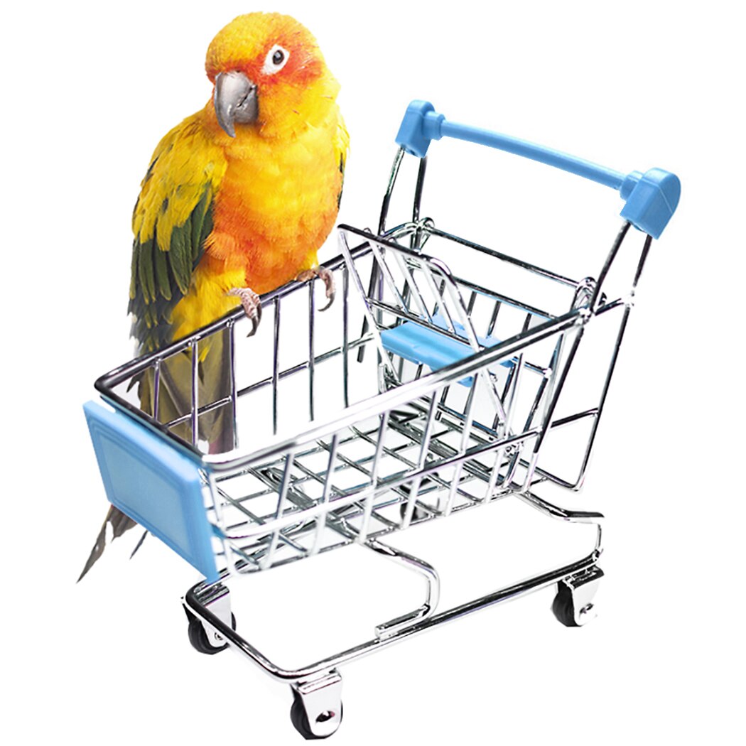 Colorful Funny Mini Supermarket Shopping Cart Trolley Pet Bird Parrot Hamster Toy Mini Shopping Cart Bird Shopping Cart: Blue