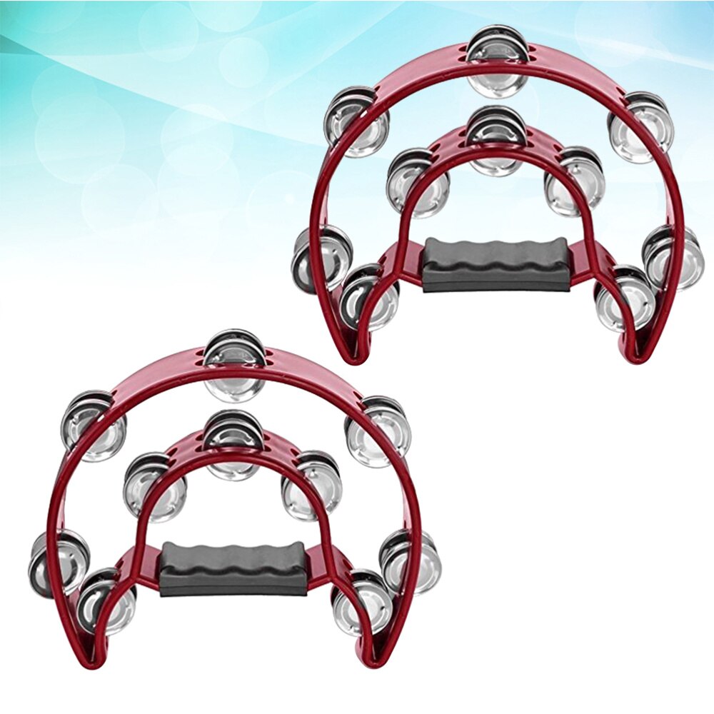 2pcs Double Row Tambourine Half Moon Metal Musical Jingles Tambourine Hand Held Rattle for Bar Party (Red)