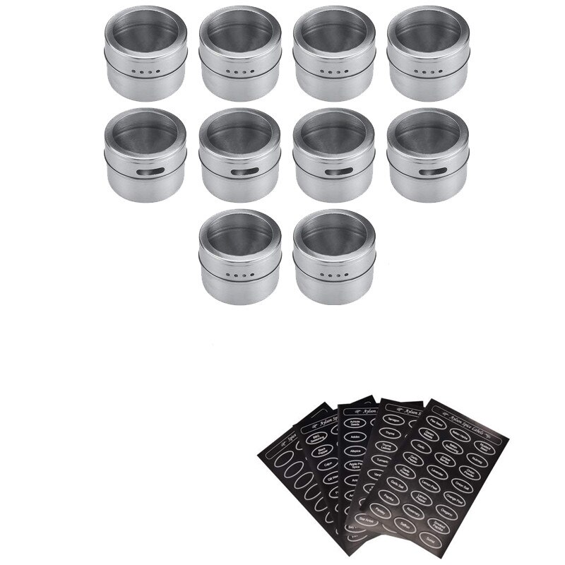 Magnetic Stainless Steel Spice Jars Tins Set with Clear Lid Labels Sticker Seasoning Pepper Spice Storage Container Jars: 10 pcs
