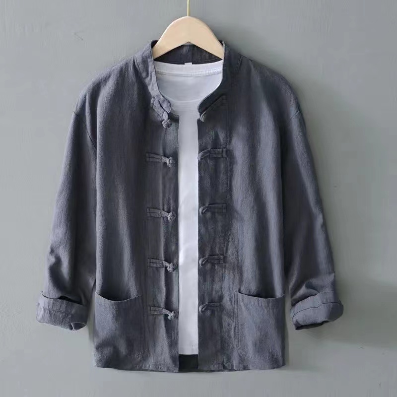 XXXXXL-Blusa holgada de algodón y lino para hombre, camisa de manga larga sin cuello, con botones de rana, talla grande, M-5XL de gran tamaño: 4XL / Negro