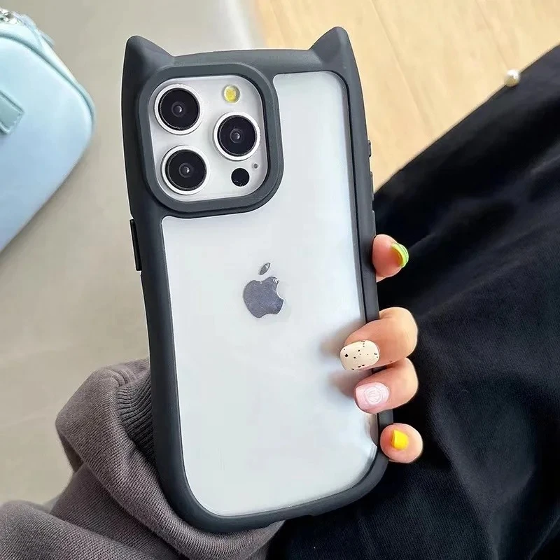 Weiche Silikon-Handyhülle mit niedlichen Katzenohren für iPhone 15, 14, 13, 12, 11, Profi Max, transparent, stoßfest, harte Acryl-Stoßstangen-Rückseite: ABS / Schwarz