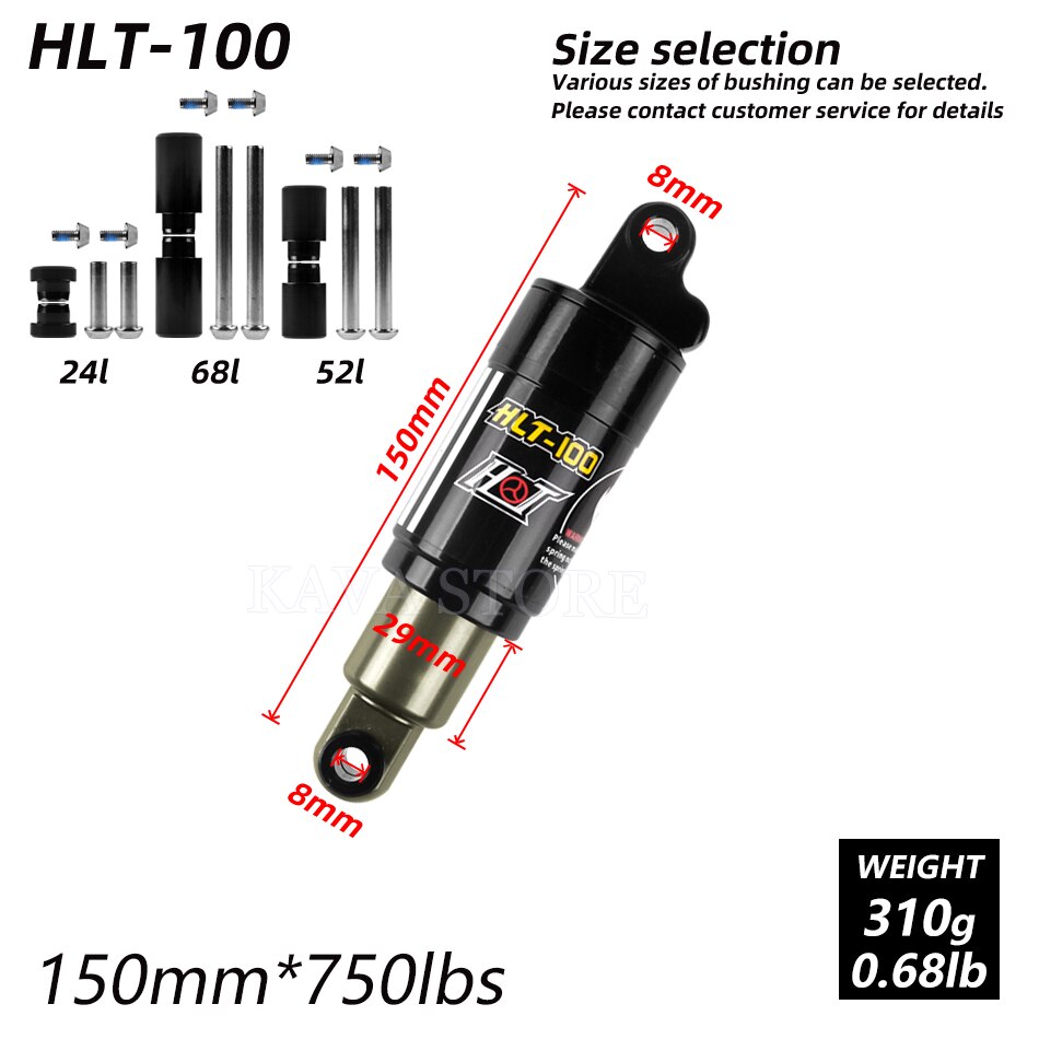 HLT-100 Mountain bicycle Rear Shocks 125/150/165/185mm 850/1000 lbs Aluminum alloy Oil Spring Shock for e-bike Snow Bike: 150mm x 750lbs