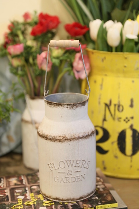 waterproof vintage aged white small handcrafted old metal milk jug flower display