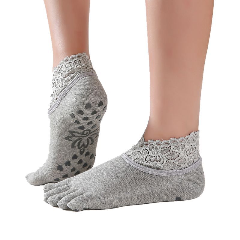 1 pair Women Yoga Five Toe Anti-Slip Ankle Grip Socks Dots Pilates Fitness Gym Socks Ladies Sports Socks With Lace: B Gray