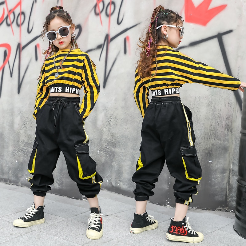Piger hiphop dans kostumer til børn gul stribe top hiphop bukser moderne dans rave tøj jazz street wear dqs 5461