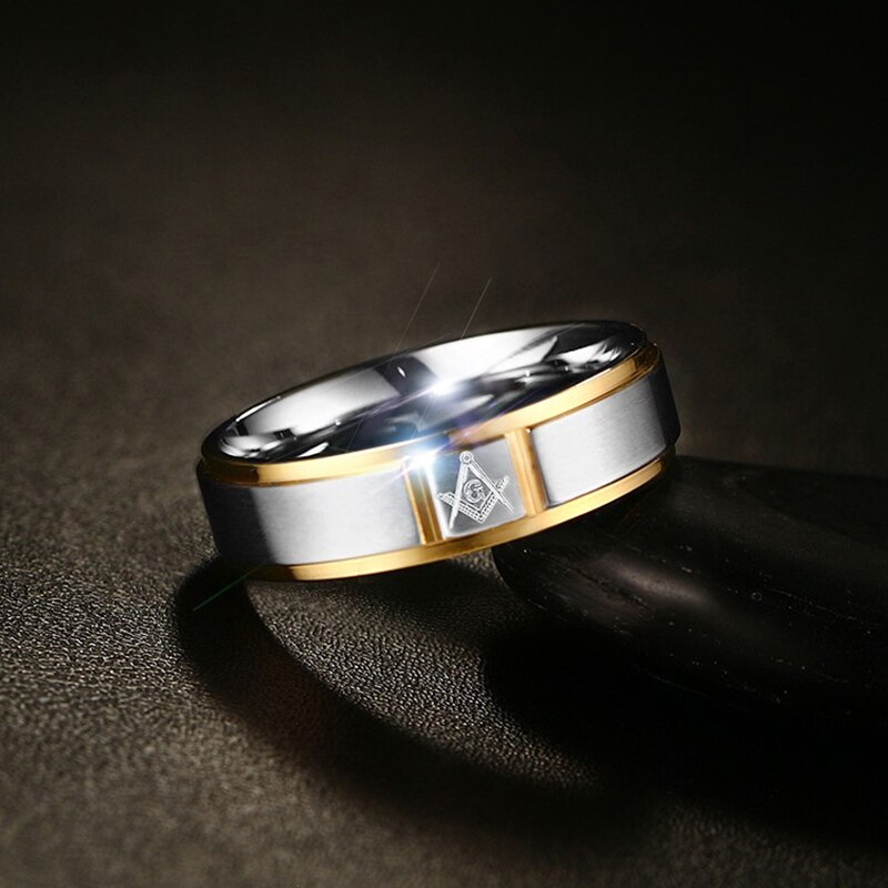 Mäns frimurarring guld & silver färg rostfritt stål ring för män punk smycken hane 6mm