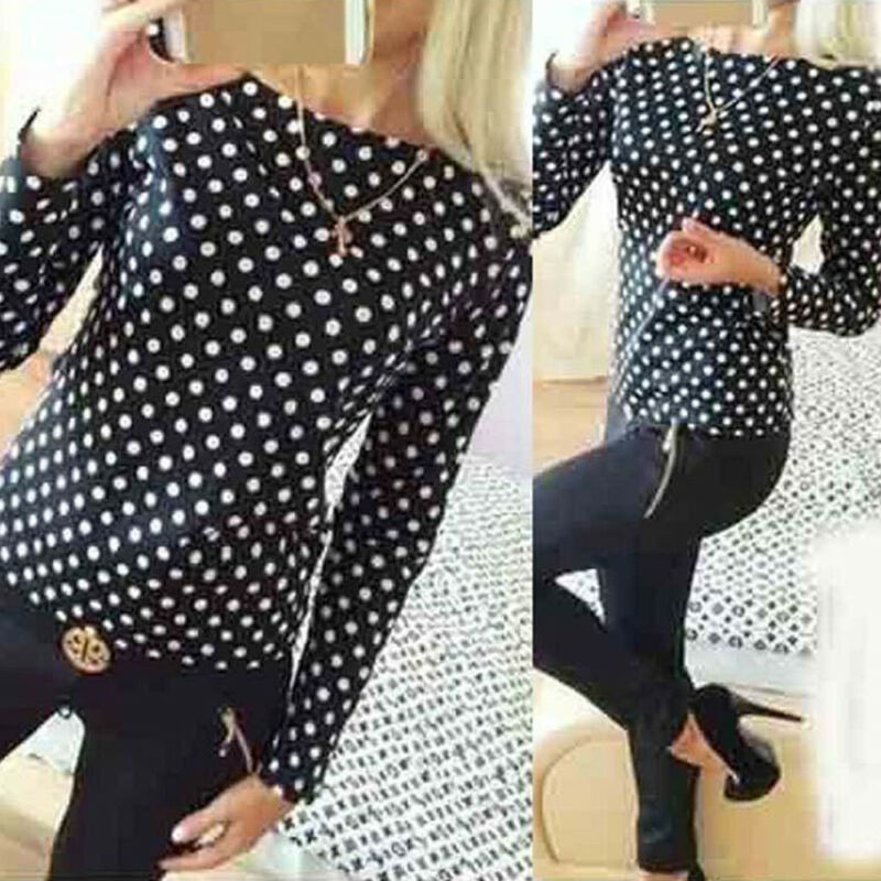 Women Spring Summer Tops Long Sleeve Polka Dot Chiffon Blouse Casual Shirts
