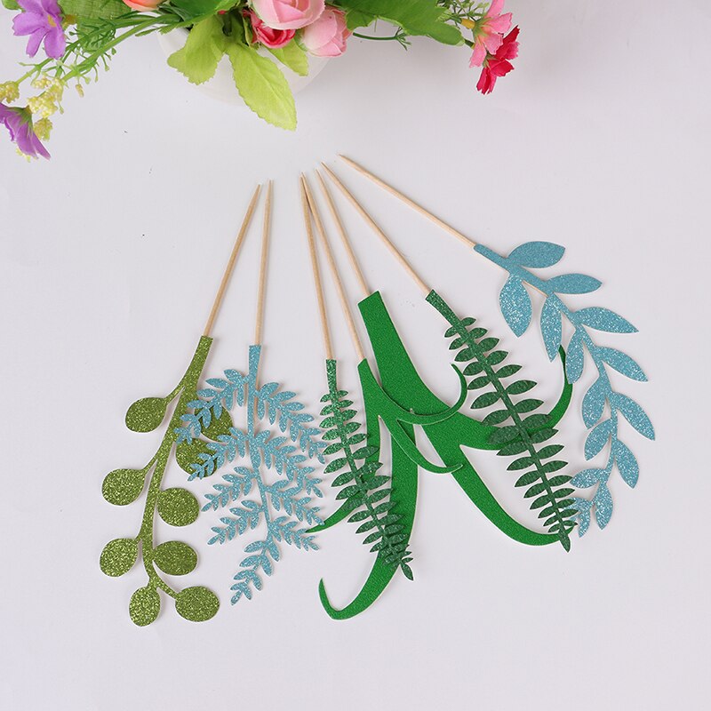 7 kpl/setti viidakko trooppinen juhla vihreä lehti kakku kakkukuva kakku koriste huopa lehdet cupcake toppers syntymäpäiväjuhlat vauvan suihku kakku koristelu