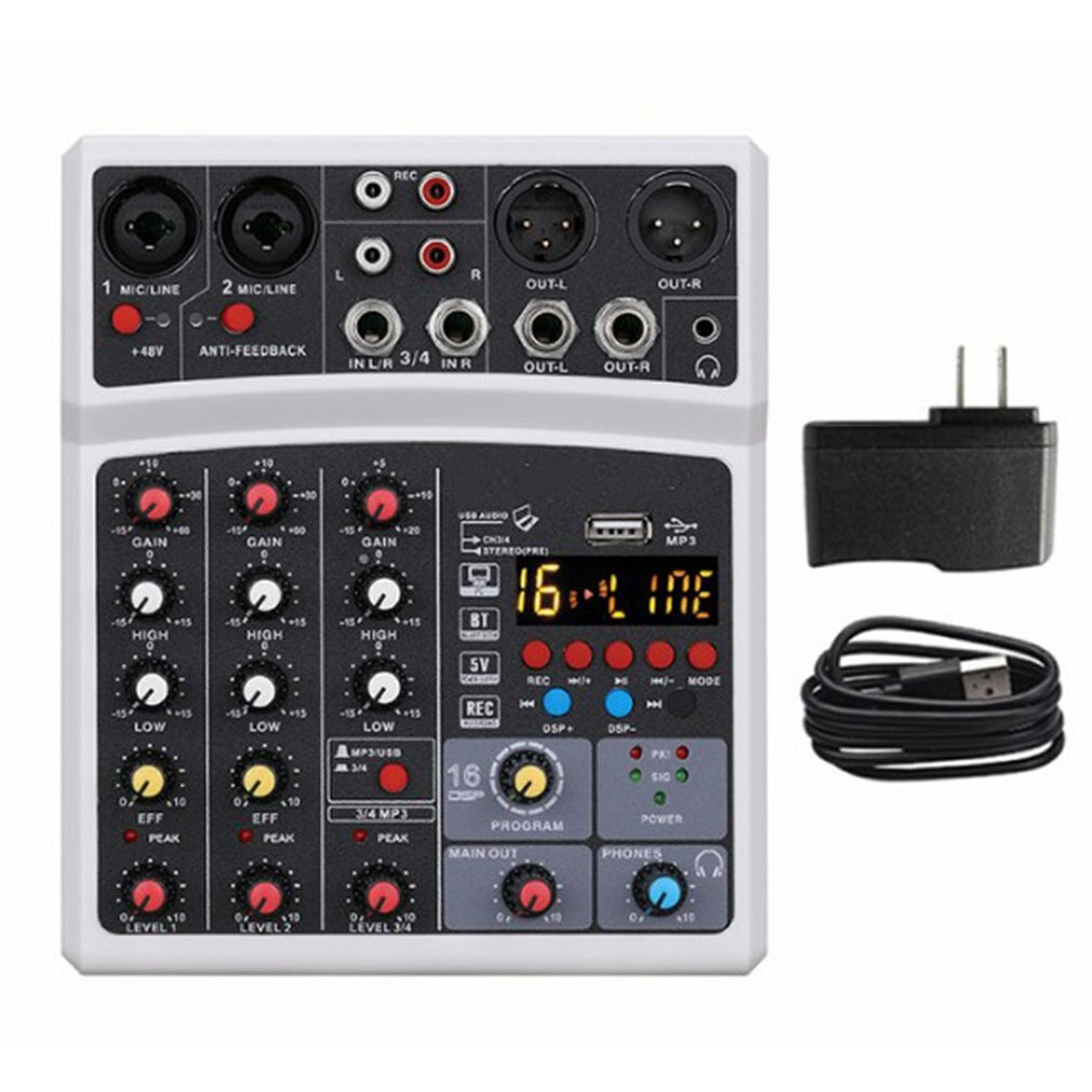 Tragbares mini-audio-dj-mixer-pult mit 4- kanälen, soundkarte, usb , 48v und phantomspeisung für pc-aufnahmen, gesang, webcasts und partys: Schwarzer us-stecker