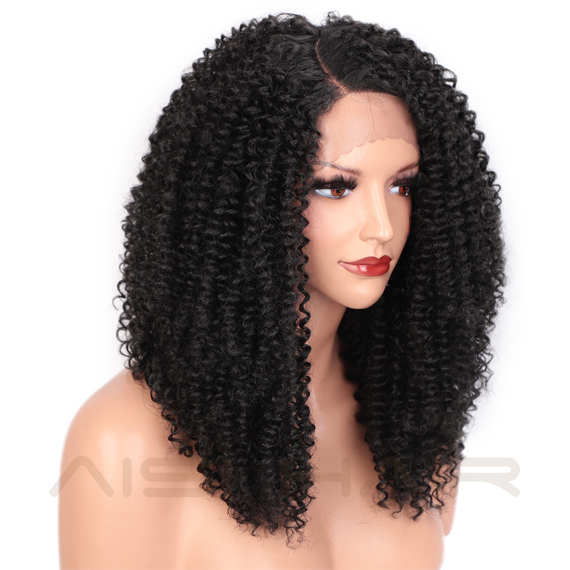 Peluca de pelo corto rizado AISI, peluca frontal de encaje sintético, Peluca de cabello Natural para mujeres negras, pelucas de fibra resistentes al calor con parte lateral