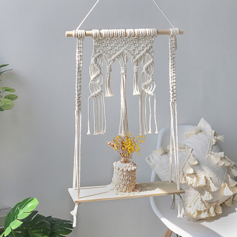 Bougeoir mural en bois en macramé, 1 pièce, décoration de maison Boho, tissage fait à la main, porte-bougie mural en bois, stockage flottant, SW: B