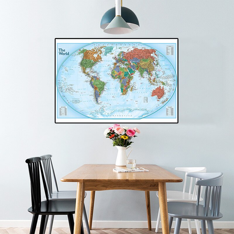 90*60cm The World Potical Map Canvas Painting Modern Wall Art Poster for Living Room Decoration Home Decoration School Supplies