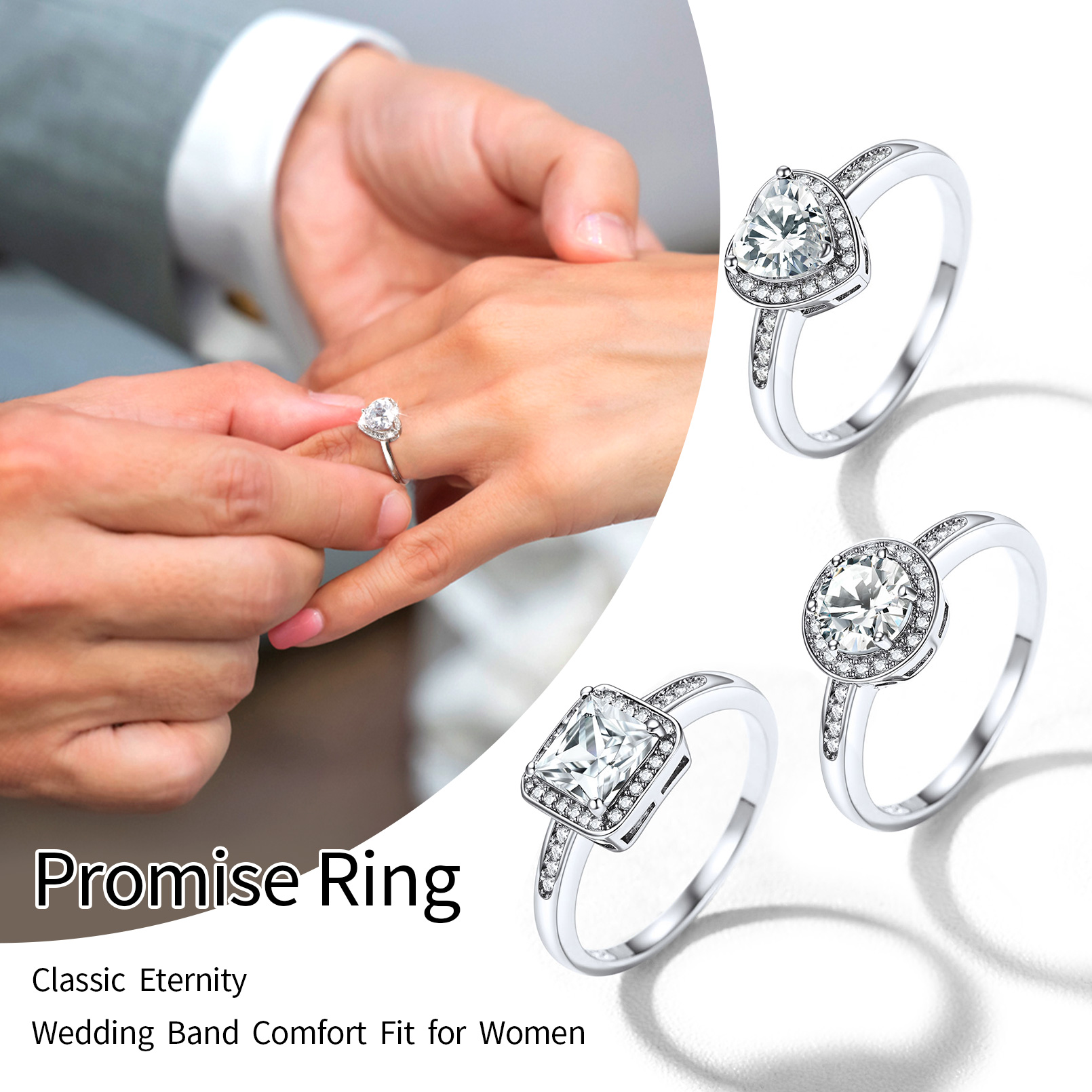 Anillos de boda de Plata de Ley 925 para mujer, talla 5 -12, cristal blanco y negro, Halo CZ, joyería delicada de aniversario, para ella QC25