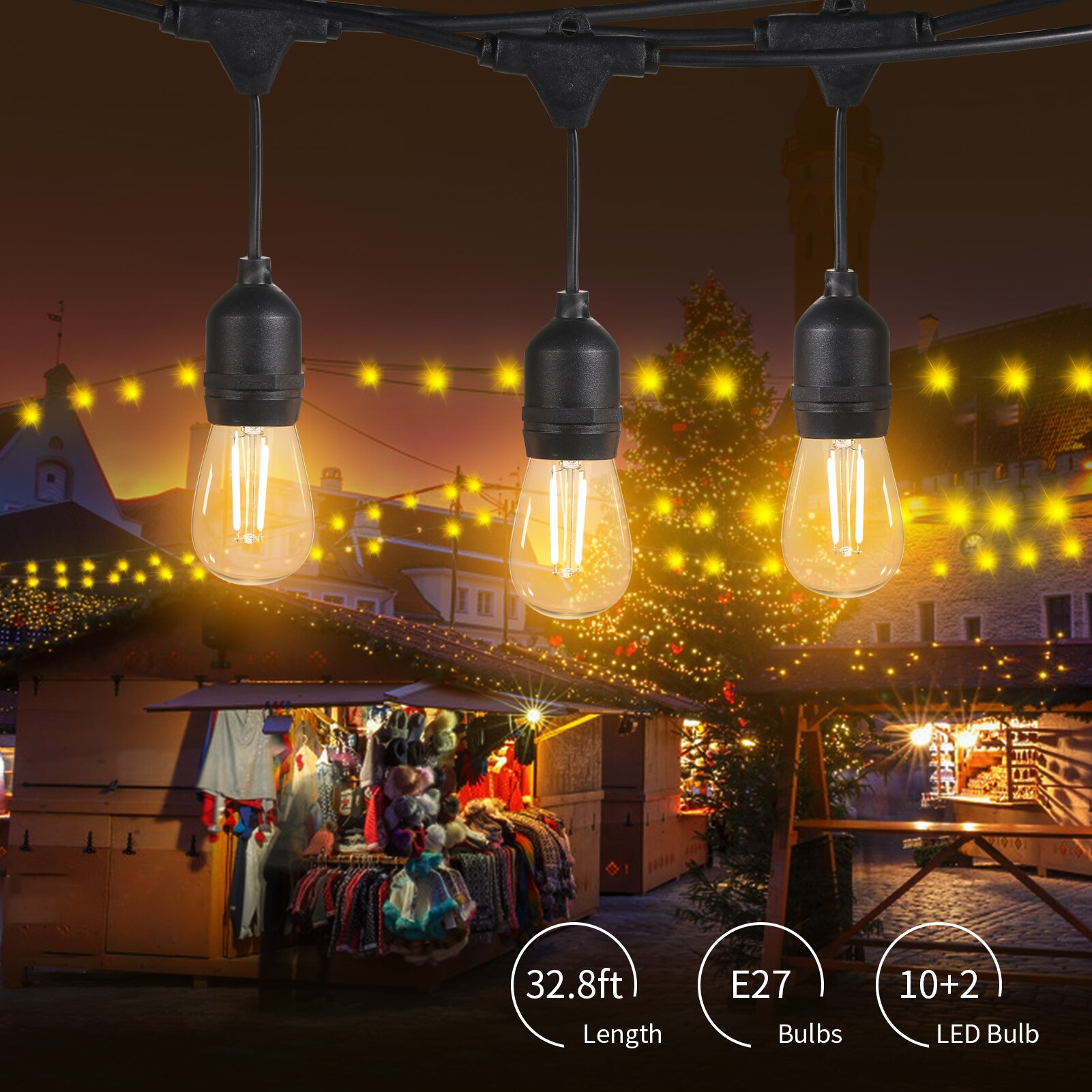 AC220-240V 15W 10M/ 32.8FT Fairy String Licht Kit 2 Reservelampjes E27 Base S14 10Pcs Leds filament Party Wedding Kerst IP65