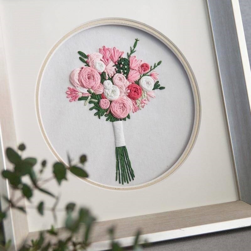 DIY Stamped Embroidery Starter Kit Handmade Embroidery Bouquet Material Package Embroidery Cloth Color Threads Tools Kit