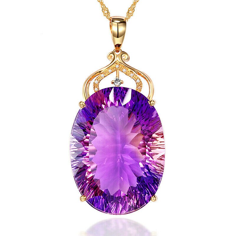 Edelsteen Charm18k Vergulde 36CT Amethist Kleur Ovale Kristallen Hanger Ketting Dame Bruiloft Sieraden