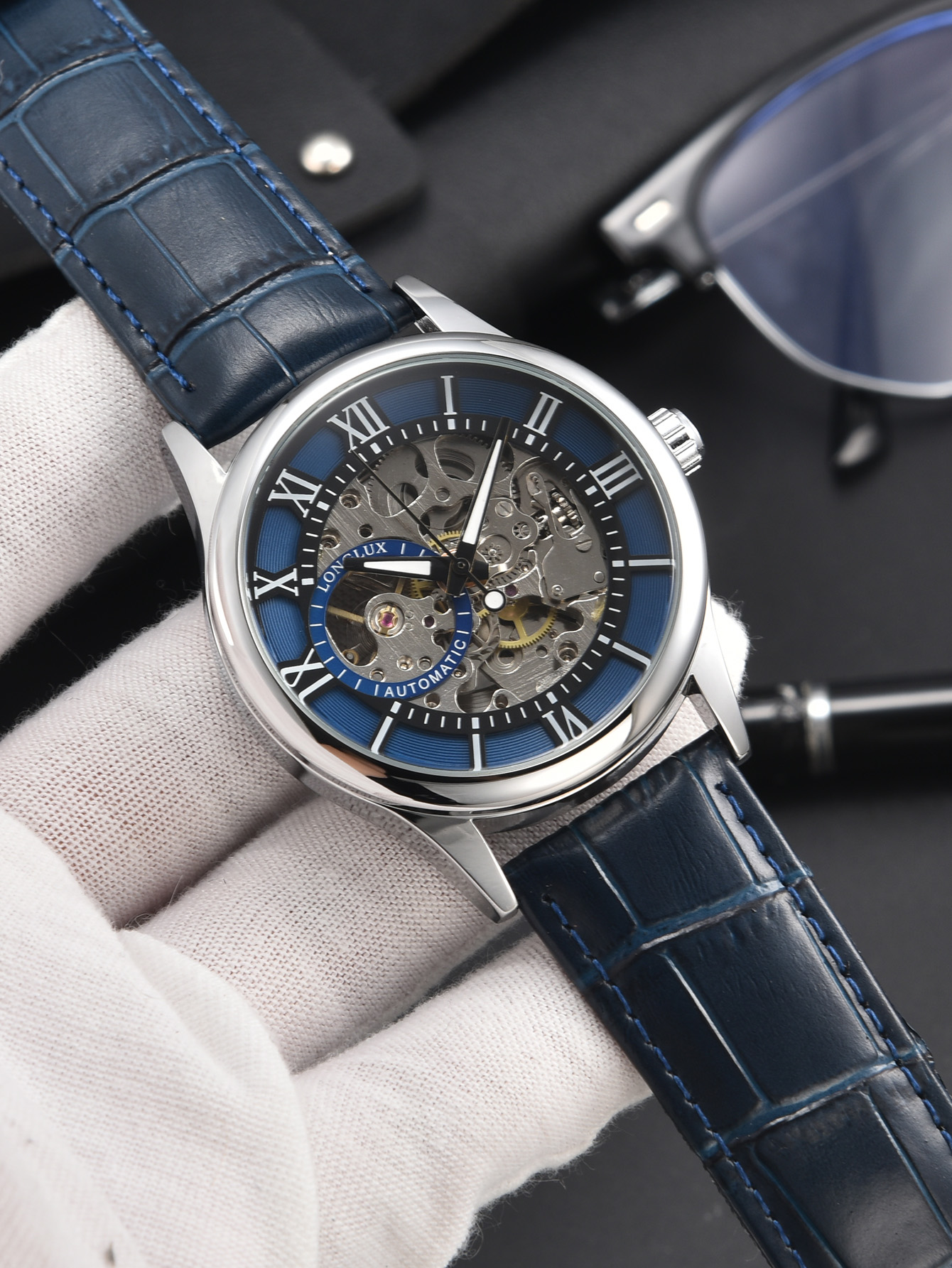 Reloj Automático LONGLUX, , relojes de pulsera mecánicos, reloj de cuero hueco resistente al agua para hombre, para hombre