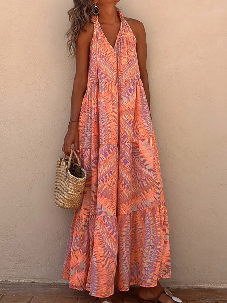 Kvinders løs off-shoulder boheme maxikjole festklub femme halterneck chic rygløs kjole strandstil løse print kjoler vestido