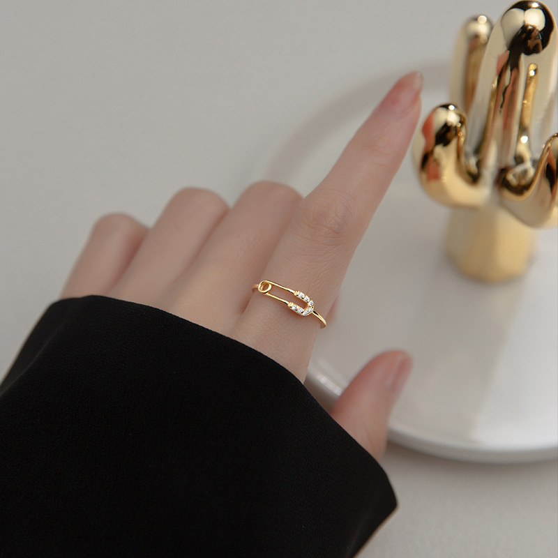 925 Sterling Silver Women's Ring Safety Pin Ring with Stone Adjustable Opening Jewelry Wedding Engagement