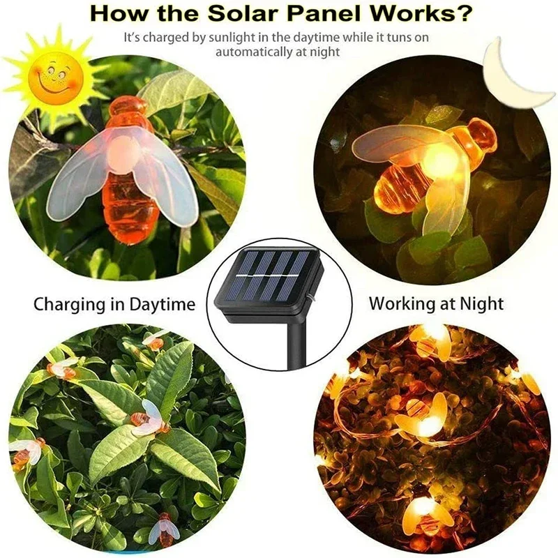 Solar-Bienen-Lichterkette für den Außenbereich, Lichterkette, Weihnachtsgirlande, 8 Modi, wasserdichtes Terrassenlicht für Gartenparty-Dekoration