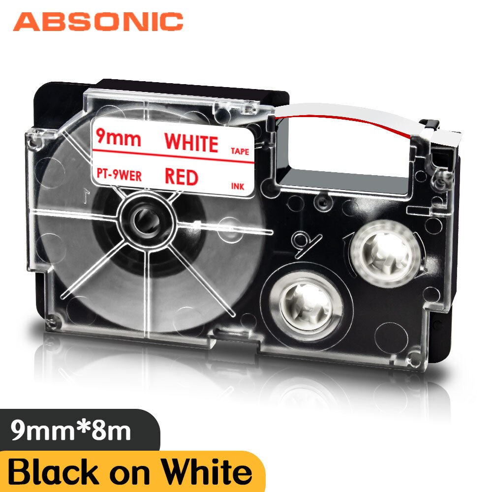 Absonic XR-9AGN biały na zielonym 9mm etykietowania taśma do obsługi Casio KL-60 KL-120 KL-130 KL750 KL780 KL820 KL-750KR KL-750B KL-750BA druku: Red on White