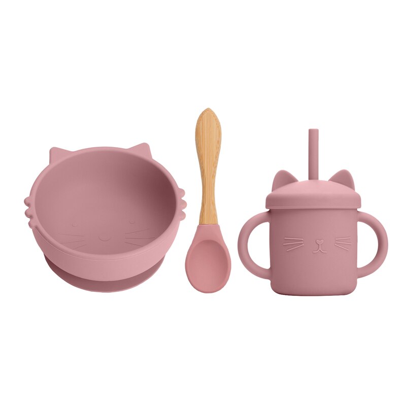 Siliconen Babyvoeding Servies 3 Stks/set Siliconen Zuignap Cup Kat Strokop Kinderen Antislip Keuken Benodigdheden Bpa gratis: 3PCS leather powder