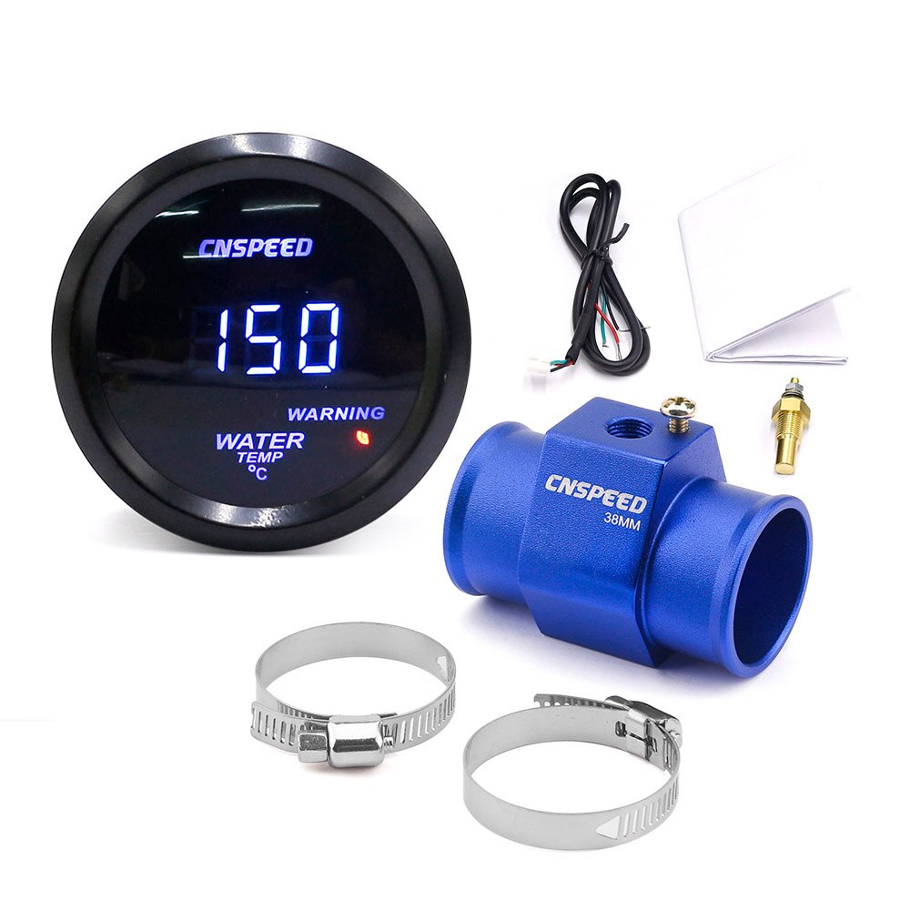 CNSPEED-indicador Digital de temperatura del agua para coche, 2 pulgadas, 52MM, Led azul, 40-150 Celsius, adaptador de Sensor de tubería de junta de temperatura del agua, 1/8NPT: With 38 adapter
