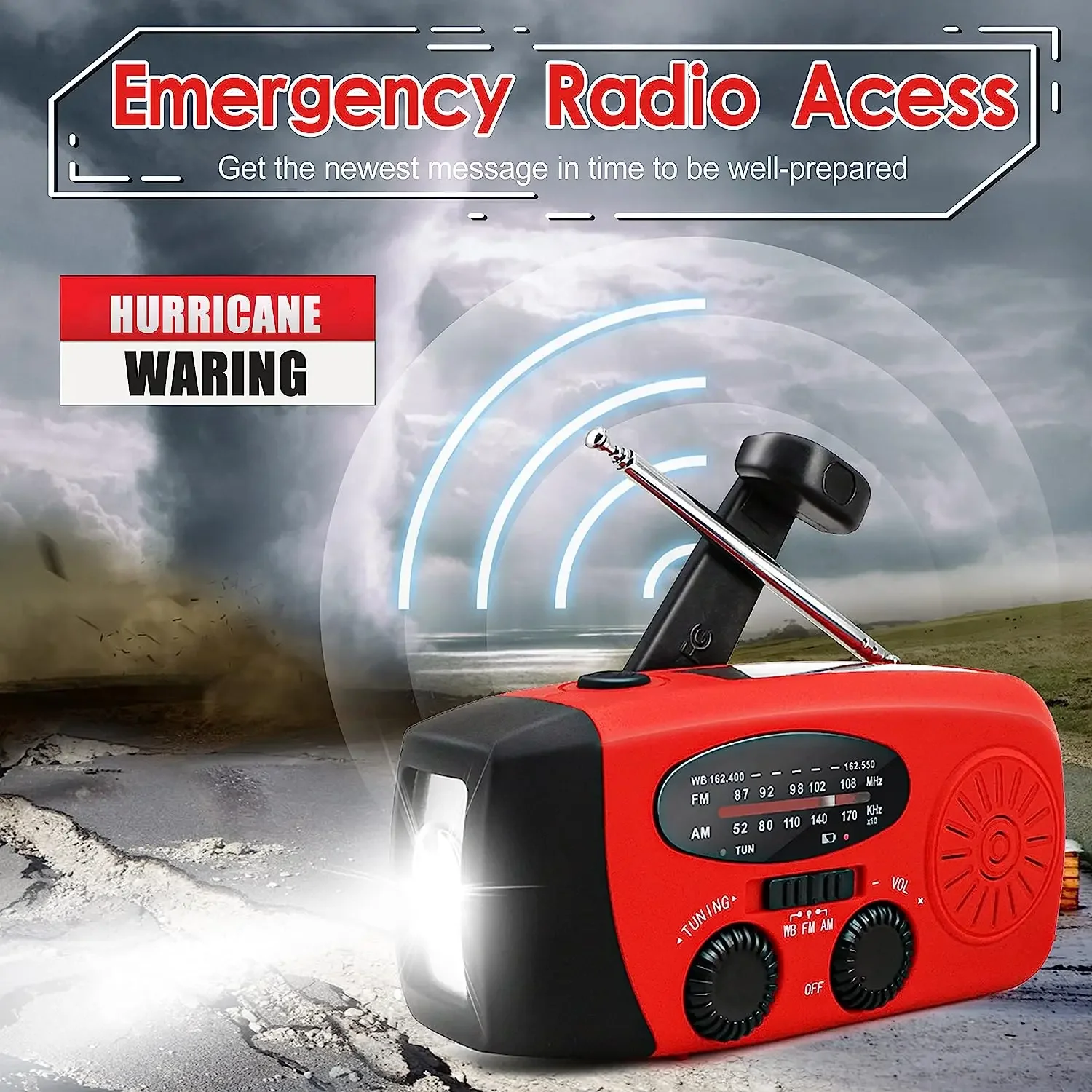 Multifunksjonell solcelledrevet håndsveivradio fm am wb noaa værradio 2000 mah usb-lading nød-led-lommelykt strømforbud