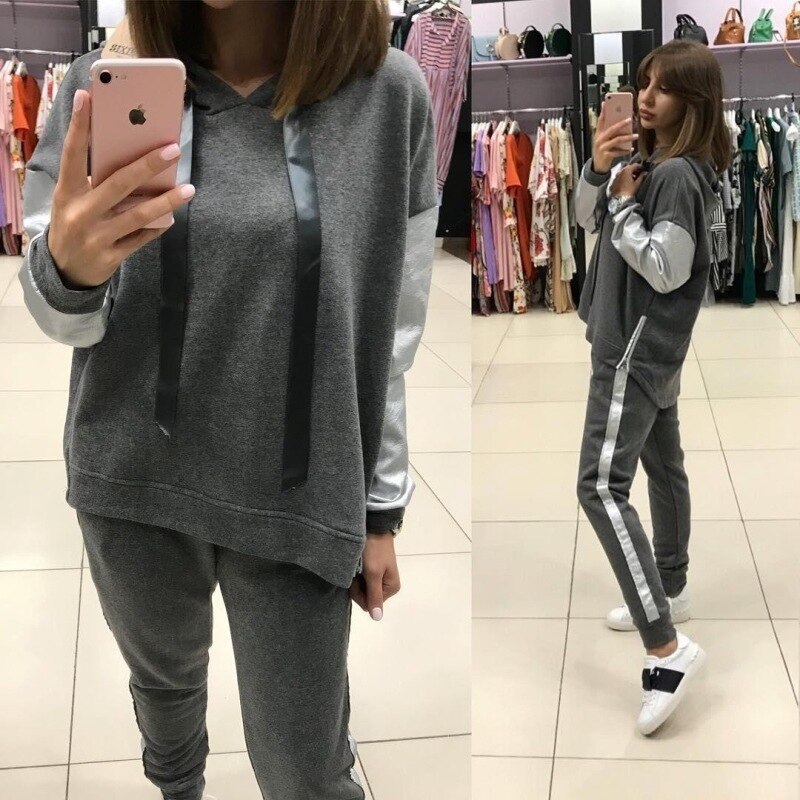 2Pcs/Set Women Sportswear Suit Casual Trousers Solid Color Hooded Sweatshirt And Pant Tracksuit Sport Suit Pullover Sweatshirt